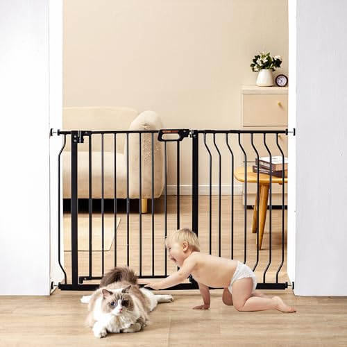 0840349972640 - VEVOR BABY GATE, 29.5-48.4 EXTRA WIDE, 30 HIGH, DOG GATE FOR STAIRS DOORWAYS AND HOUSE, EASY STEP WALK THRU AUTO CLOSE CHILD GATE PET SECURITY GATE WITH PRESSURE MOUNT KIT AND WALL MOUNT KIT, BLACK