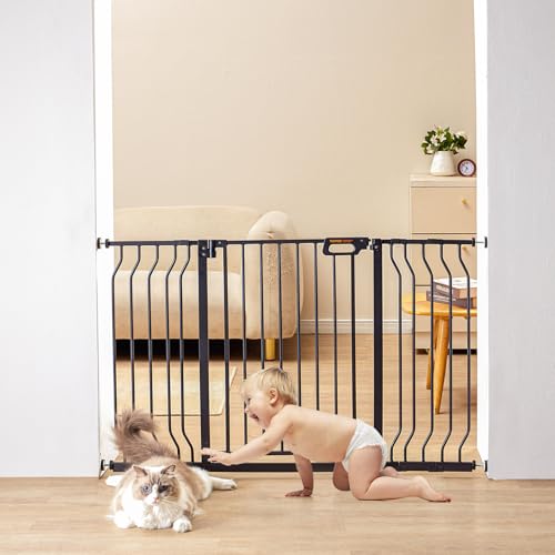0840349972657 - VEVOR BABY GATE, 29.5-53 EXTRA WIDE, 30 HIGH, DOG GATE FOR STAIRS DOORWAYS AND HOUSE, EASY STEP WALK THRU AUTO CLOSE CHILD GATE PET SECURITY GATE WITH PRESSURE MOUNT KIT AND WALL MOUNT KIT, BLACK