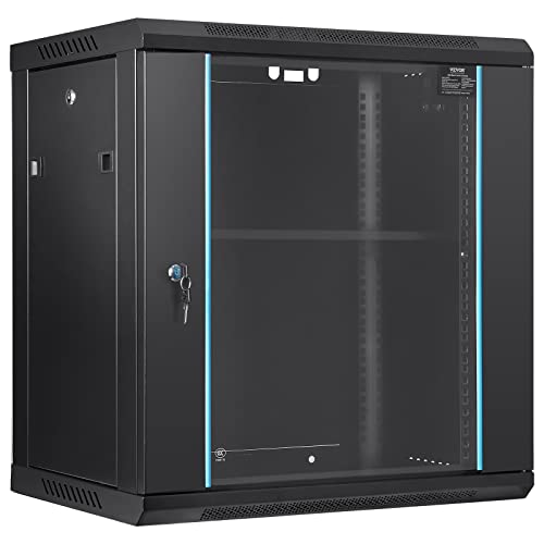 0840349975573 - VEVOR 12U WALL MOUNT NETWORK CABINET, 15.5 DEEP SERVER RACK CABINET ENCLOSURE, 200 LBS MAX. GROUND-MOUNTED LOAD CAPACITY, WITH LOCKING GLASS DOOR SIDE PANELS, FOR IT EQUIPMENT, A/V DEVICES