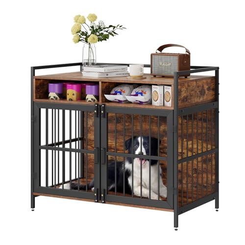 0840349984001 - VEVOR FURNITURE STYLE DOG CRATE WITH STORAGE, 41 INCH DOG CRATE FURNITURE LARGE BREED WITH DOUBLE DOORS, WOODEN DOG CAGE FOR LARGE/MEDIUM DOG INDOOR, HOLD UP TO 70 LBS, RUSTIC BROWN