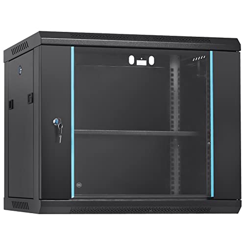 0840349990057 - VEVOR 9U WALL MOUNT NETWORK SERVER CABINET, 15.5 DEEP, SERVER RACK CABINET ENCLOSURE, 200 LBS MAX. GROUND-MOUNTED LOAD CAPACITY, GLASS DOOR WITH LOCKING SIDE PANELS, FOR IT EQUIPMENT, A/V DEVICES
