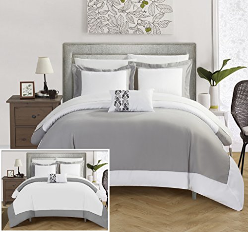 0840444109576 - CHIC HOME 8 PIECE WYNN MODERN TWO TONE REVERSIBLE HOTEL COLLECTION, WITH EMBELLISHED BORDERS AND EMBROIDERY DECOR PILLOW KING BED IN A BAG DUVET SET GREY WITH WHITE SHEETS INCLUDED