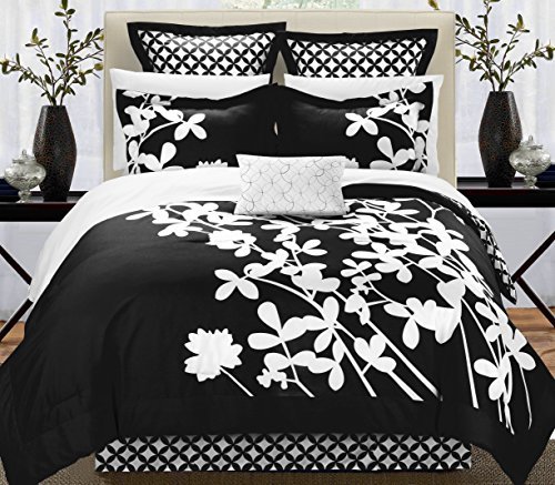 0840444111203 - CHIC HOME IRIS 7-PIECE COMFORTER SET WITH FOUR SHAMS AND DECORATIVE PILLOW, QUEEN SIZE, BLACK, BEDSKIRT