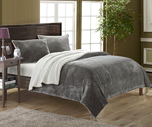 0840444115669 - CHIC HOME 3 PIECE EVIE MICROPLUSH MINK-LIKE SUPER SOFT SHERPA LINED COMFORTER SET, QUEEN, GREY