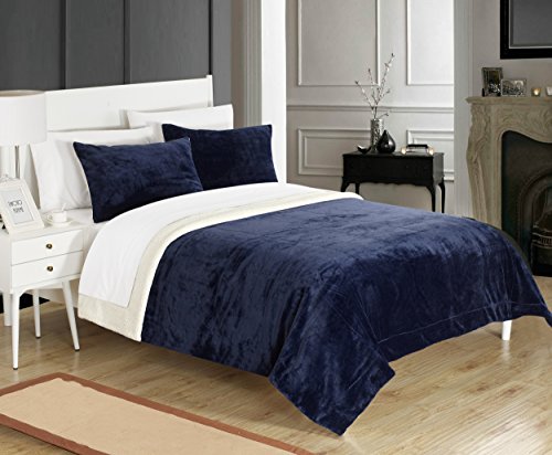 0840444115690 - CHIC HOME 3 PIECE EVIE MICROPLUSH MINK-LIKE SUPER SOFT SHERPA LINED COMFORTER SET, QUEEN, NAVY