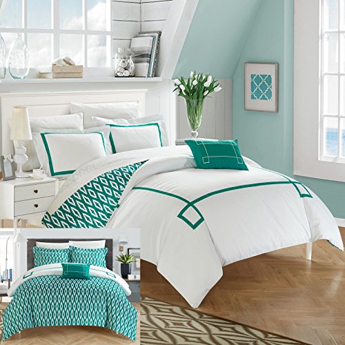 0840444129666 - CHIC HOME 4 PIECE KENDALL CONTEMPORARY REVERSIBLE QUEEN DUVET COVER SET AQUA SHAMS AND DECORATIVE PILLOWS INCLUDED