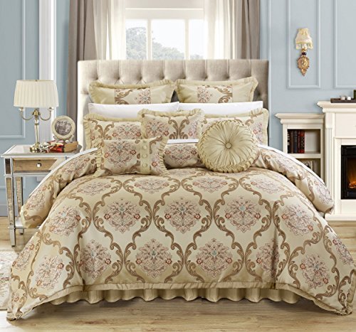 0840444146106 - CHIC HOME 9 PIECE AUBREY DECORATOR UPHOLSTERY QUALITY JACQUARD SCROLL FABRIC BEDROOM COMFORTER SET & PILLOWS ENSEMBLE, KING, BEIGE