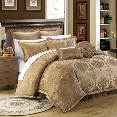 0840444146410 - CHIC HOME 9 PIECE COMO DECORATOR UPHOLSTERY QUALITY JACQUARD MOTIF FABRIC BEDROOM COMFORTER SET & PILLOWS ENSEMBLE, QUEEN, GOLD