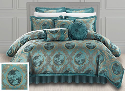 0840444146700 - CHIC HOME 9 PIECE ROMEO & JULIET DECORATOR UPHOLSTERY QUALITY JACQUARD MOTIF FABRIC BEDROOM COMFORTER SET & PILLOWS ENSEMBLE, KING, TEAL