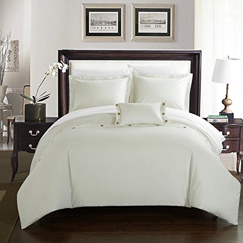 0840444148551 - CHIC HOME 4 PIECE HARTFORD 200 THREAD COUNT COMBED FINISH 100% COTTON TWILL WEAVE DECORATIVE BUTTON CLOSURE DETAIL DUVET COVER SET SHAMS AND DECORATIVE PILLOWS INCLUDED, KING, WHITE