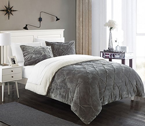 0840444150622 - CHIC HOME 3 PIECE JOSEPHA PINCH PLEATED RUFFLED & PINTUCK SHERPA LINED COMFORTER SET, QUEEN, GREY