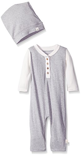0840635176042 - BURT'S BEES BABY BABY ORGANIC HENLEY RAGLAN FOOTLESS COVERALL AND HAT, HEATHER GREY, 0-3 MONTHS