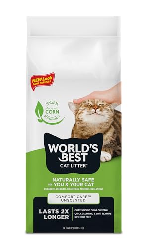 0840673101938 - WORLDS BEST CAT LITTER COMFORT CARE UNSCENTED, 32-POUNDS - NATURAL INGREDIENTS, QUICK CLUMPING, FLUSHABLE, 99% DUST FREE & MADE IN USA - LONG-LASTING ODOR CONTROL & EASY SCOOPING PACKAGING MAY VARY