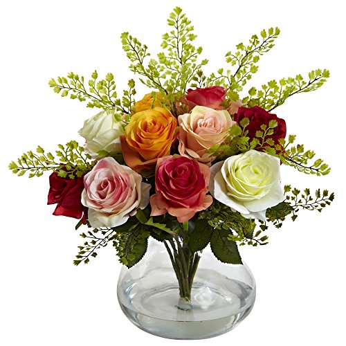 0840703111906 - NEARLY NATURAL 1366-AS ROSE AND MAIDEN HAIR ARRANGEMENT WITH VASE, ASSORTED