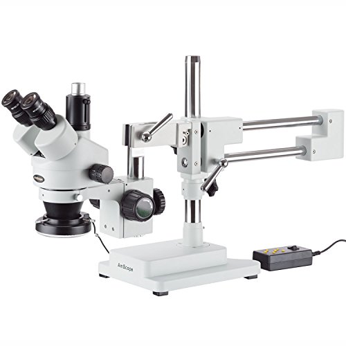0840979114915 - AMSCOPE - 3.5X-90X SIMUL-FOCAL STEREO ZOOM MICROSCOPE ON DUAL ARM BOOM STAND WITH 144-LED RING LIGHT - SM-4TPZ-144