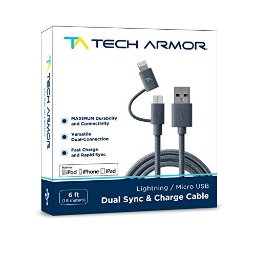 0841077101203 - TECH ARMOR DUAL LIGHTNING / MICRO USB SYNC & CHARGE CABLE - 6FT - SPACE GRAY - TOUGH-BRAIDED EXTRA-STRONG JACKET - APPLE & ANDROID - LIFETIME WARRANTY