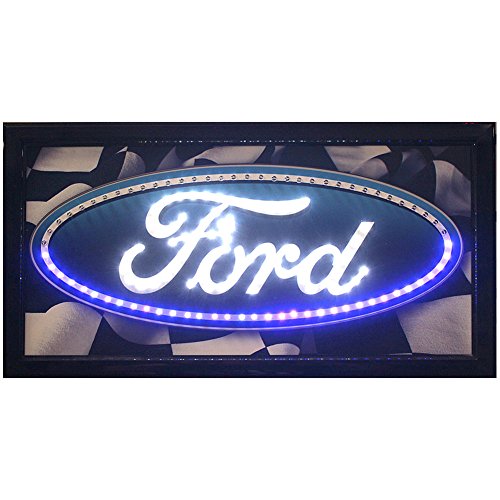 0841110115570 - FORD LOGO LED SIGN ENCIRCLED WITH CHASING LIGHTS CHECKERED FLAG BACKGROUND