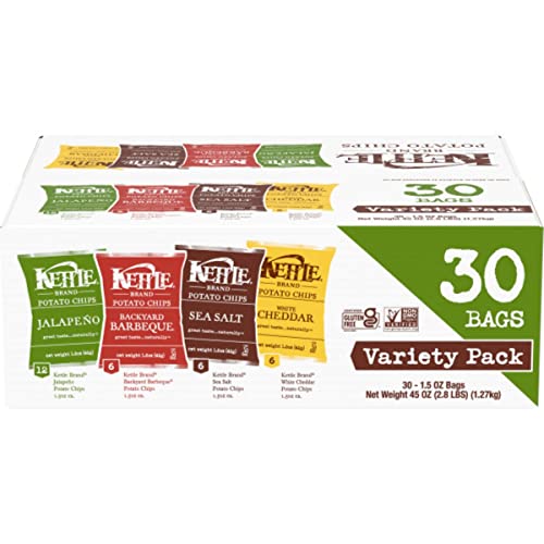0084114125934 - KETTLE BRAND POTATO CHIPS VARIETY PACK, SEA SALT, NEW YORK CHEDDAR, BACKYARD BARBEQUE AND JALAPENO, 30 COUNT
