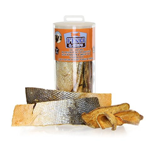 0841866102855 - ALL-NATURAL FISH & CHIPS DOG CHEWS, 100% DIGESTIBLE SALMON SKINS W/ SWEET POTATO, GREAT SOURCE OF OMEGA-3, NO PRESERVATIVES OR ADDITIVES, PERFECT FOR SMALL OR LARGE SIZE DOGS, MADE IN USA (6OZ.)