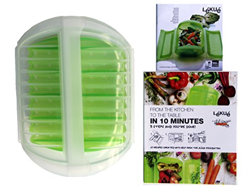8420460007296 - LEKUE 3-4 PERSON MICROWAVE STEAMER STEAM CASE WITH DRAINING TRAY AND BONUS 10 MINUTE COOKBOOK (CLEAR & GREEN)