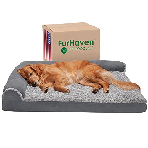 0842229104677 - FURHAVEN PET BED FOR DOGS AND CATS - TWO-TONE FAUX FUR AND SUEDE L-SHAPED CHAISE EGG CRATE ORTHOPEDIC DOG BED, REMOVABLE MACHINE WASHABLE COVER - STONE GRAY, JUMBO (X-LARGE)