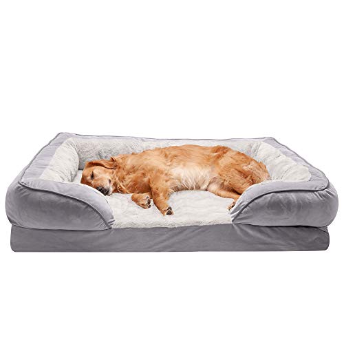 0842229119978 - FURHAVEN PET DOG BED - COOLING GEL MEMORY FOAM FAUX FUR & VELVET WAVES PERFECT COMFORT TRADITIONAL SOFA-STYLE LIVING ROOM COUCH PET BED W/REMOVABLE COVER FOR DOGS & CATS, GRANITE GRAY, JUMBO