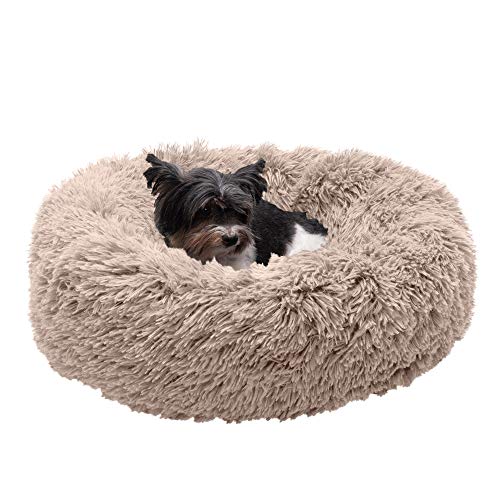 0842229121124 - FURHAVEN PET DOG BED - ROUND PLUSH LONG FAUX FUR ULTRA CALMING DEEP SLEEP SOOTHING CUSHION CUDDLER DONUT PET BED FOR DOGS & CATS, TAUPE, SMALL