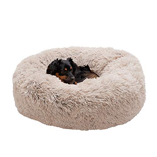0842229121131 - FURHAVEN PET DOG BED - ROUND PLUSH LONG FAUX FUR ULTRA CALMING DEEP SLEEP SOOTHING CUSHION CUDDLER DONUT PET BED W/REMOVABLE COVER FOR DOGS & CATS, TAUPE, MEDIUM