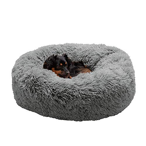 0842229121186 - FURHAVEN PET DOG BED - ROUND PLUSH LONG FAUX FUR ULTRA CALMING DEEP SLEEP SOOTHING CUSHION CUDDLER DONUT PET BED WITH REMOVABLE COVER FOR DOGS AND CATS, GRAY, MEDIUM