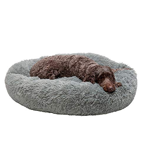 0842229121193 - FURHAVEN PET DOG BED - ROUND PLUSH LONG FAUX FUR ULTRA CALMING DEEP SLEEP SOOTHING CUSHION CUDDLER DONUT PET BED WITH REMOVABLE COVER FOR DOGS AND CATS, GRAY, LARGE
