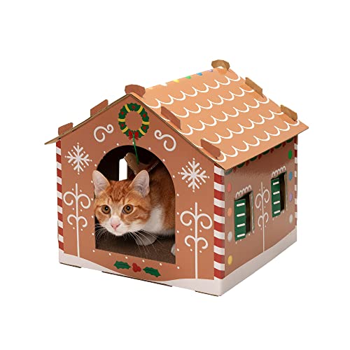 0842229129625 - FURHAVEN PET FURNITURE FOR CATS AND KITTENS - DECORATED GINGERBREAD CHRISTMAS HOUSE CORRUGATED CAT SCRATCHER HIDEOUT WITH CATNIP, HOLIDAY PRINT, ONE SIZE