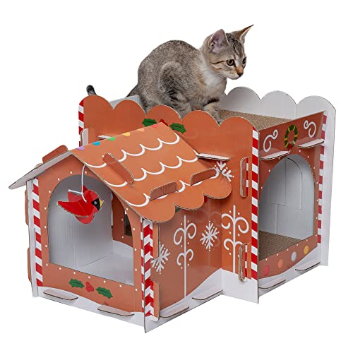 0842229129632 - FURHAVEN PET FURNITURE FOR CATS AND KITTENS - DECORATED GINGERBREAD CHRISTMAS CHATEAU CORRUGATED CAT SCRATCHER HIDEOUT WITH CATNIP AND BONUS BUSY BOX, HOLIDAY PRINT, ONE SIZE