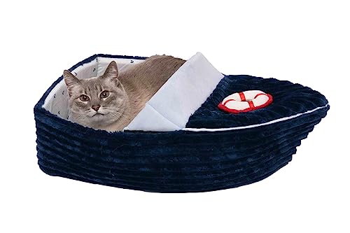 0842229131512 - FURHAVEN SOFT & COZY CAT BED W/CATNIP TOY FOR INDOOR CATS, WASHABLE W/REMOVABLE PILLOW CUSHION INSERT - CORDUROY BOAT BED - BLUE, SMALL