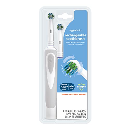 0842379163920 - AMAZON BASICS RECHARGEABLE TOOTHBRUSH WITH ACTION CLEAN BRUSH HEADS AND CHARGER