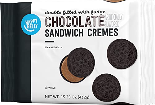 0842379199288 - AMAZON BRAND - HAPPY BELLY DOUBLE FILLED WITH FUDGE CHOCOLATE SANDWICH CREMES, 15.25 OZ