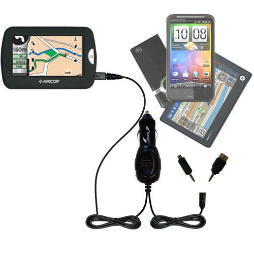 0842623917705 - AMCOR NAVIGATION GPS 4300 4500 COMPATIBLE GOMADIC MULTI PORT MINI DC AUTO / VEHICLE CHARGER - ONE CHARGER WITH CONNECTIONS FOR TWO DEVICES USING UPGRADEABLE TIPEXCHANGE