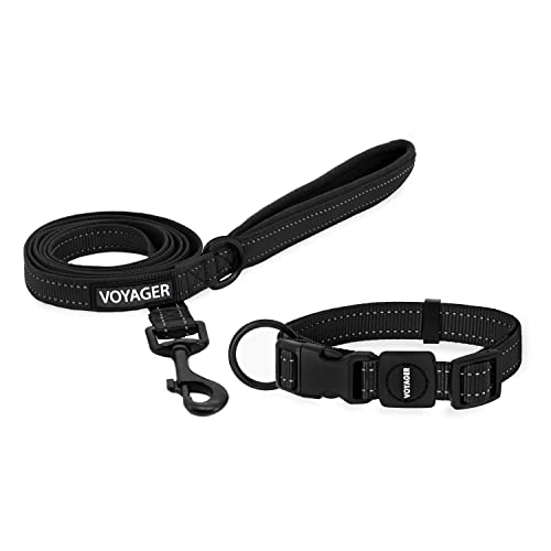 0842637124441 - VOYAGER ADJUSTABLE NYLON DOG COLLAR & DOG LEASH BUNDLE - SOFT PADDED HANDLE & NECK WITH REFLECTIVE STICHING FOR PUPPIES, SMALL, MEDIUM, & BIG DOGS BY BEST PET SUPPLIES (BLACK,5/8)