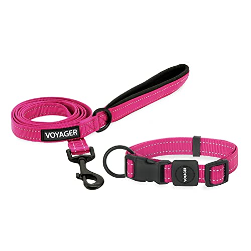 0842637124540 - VOYAGER ADJUSTABLE NYLON DOG COLLAR & DOG LEASH BUNDLE - SOFT PADDED HANDLE & NECK WITH REFLECTIVE STICHING FOR PUPPIES, SMALL, MEDIUM, & BIG DOGS BY BEST PET SUPPLIES (FUCHSIA,3/4)