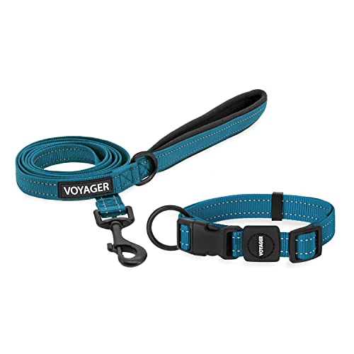 0842637124762 - VOYAGER ADJUSTABLE NYLON DOG COLLAR & DOG LEASH BUNDLE - SOFT PADDED HANDLE & NECK WITH REFLECTIVE STICHING FOR PUPPIES, SMALL, MEDIUM, & BIG DOGS BY BEST PET SUPPLIES (TURQUOISE,1)
