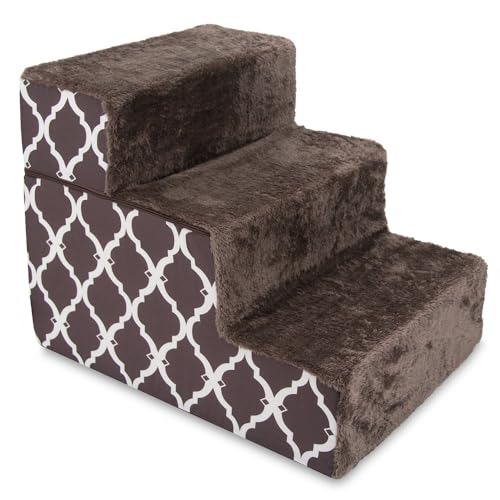 0842637128364 - BEST PET SUPPLIES PORTABLE FOLDABLE FOAM PET STAIRS/STEPS FOR COUCH, SOFA, AND HIGH BED, NON-SLIP BOTTOM BALANCED PAW SAFE - BROWN LATTICE PRINT, FOLDABLE 3-STEP (H: 16.5)