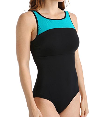 0842871088790 - REEBOK WOMEN'S SET THE PACE HIGH NECK CONSTRUCTED ONE PIECE SWIMSUIT, BLACK/JADE, 14