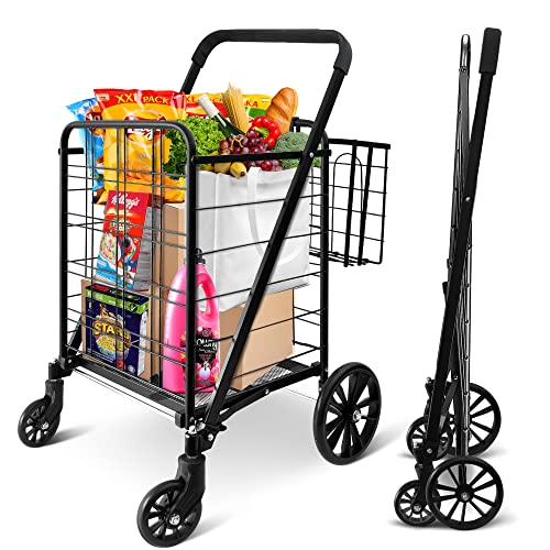 0842893167145 - SERENELIFE FOLDING GROCERY UTILITY SHOPPING SUPERMARKET CART WITH 360 ROLLING SWIVEL WHEELS, DOUBLE BASKET, LARGE CAPACITY 110 LBS, PORTABLE, COLLAPSIBLE COMPACT FOLDING, FOR GROCERY LAUNDRY, LUGGAGE