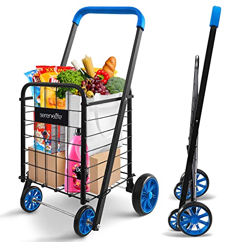 0842893167190 - SERENELIFE KIDS FOLDING UTILITY CART: SWIVEL WHEELS, 66 LBS CAPACITY, PORTABLE & COLLAPSIBLE. IDEAL FOR GROCERY, LAUNDRY, AND TRAVEL WITH YOUR CHILD (BLUE)
