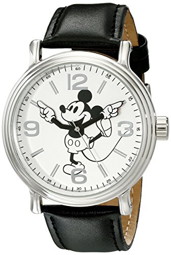 0843231082076 - DISNEY MICKEY MOUSE MENS BLACK LEATHER STRAP WATCH