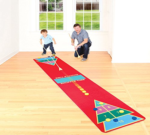0084358049492 - SHUFFLEBOARD RUG GAME - CLASSIC SHUFFLE-BOARD PARTY GAME FOR ALL AGES | FUN FLOOR GAMES FOR ADULTS AND KIDS W2.25’ X L12’ |KIT INCLUDES 2 WOODEN CUES AND 10 WOODEN PUCKS - INDOORS | OUTDOORS