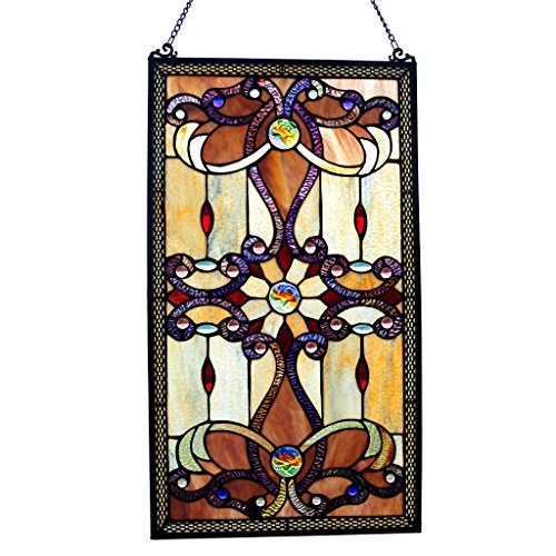 0845202032707 - RIVER OF GOODS 13270 26 TIFFANY STYLE STAINED GLASS AMBER MEDALLION WINDOW PANEL