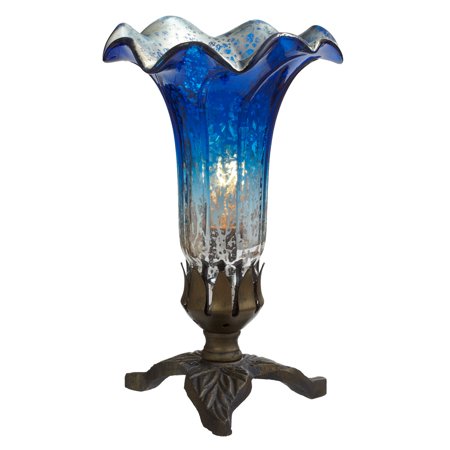 0845202075797 - RIVER OF GOODS 14700D HAND BLOWN MERCURY GLASS LILY LAMP WITH LEAF BASE, 8.25 H, DARK BLUE/SILVER