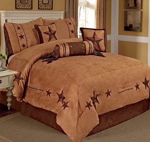 0845962158815 - 7 PIECES WESTERN LODGE OVERSIZE COMFORTER SET CAMEL BROWN LONE STAR MICRO SUEDE QUEEN SIZE BEDDING