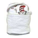 0846216013751 - DR. SEUSS CAT IN THE HAT OVAL BATH BAG WHITE LOOP TERRY WITH CAT SCATTERPRINT OR BLACK GINGHAM TRIM
