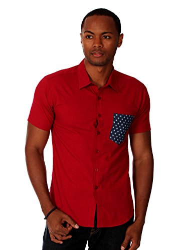 0846364063608 - 00NOTHING MENS SOLID SHIRT WITH CONTRAST PRINT CHEST POCKET, RED, LARGE